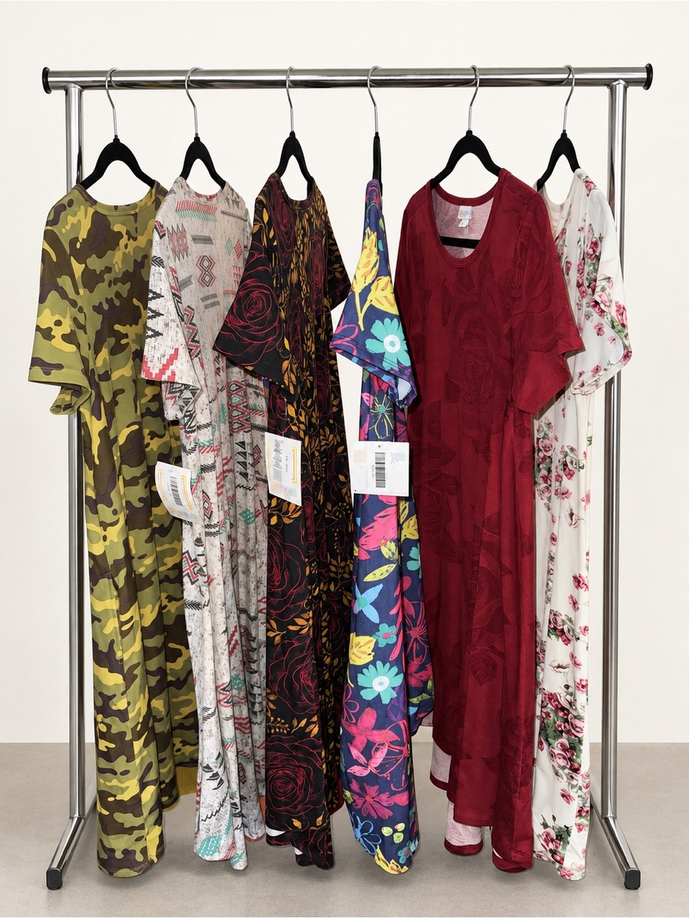 LuLaRoe Dress Lot 6 Mixed-Print High-Low Dresses in Western, Floral, Camo